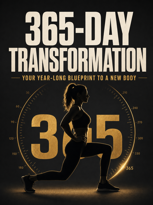 365-Day Transformation ebook cover — backlit silhouette of a woman mid-lunge with a progress arc and 365 numeral behind her
