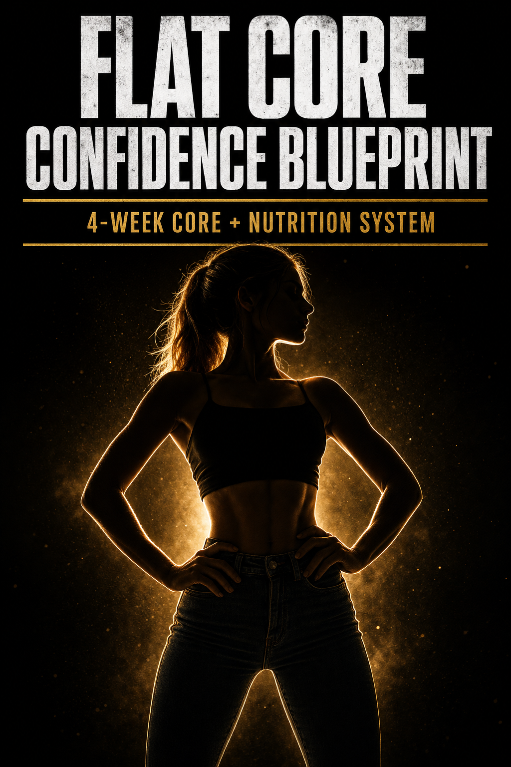 Flat Core Confidence Blueprint ebook cover — backlit silhouette of a confident woman in jeans with bold title text