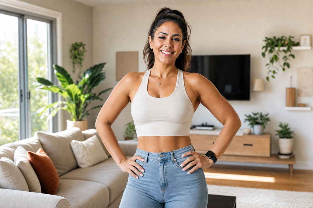 Confident woman in fitted jeans standing tall in her living room