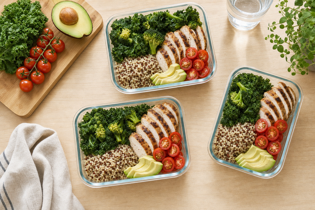 Healthy meal prep containers with grilled chicken, quinoa, and vegetables for the nutrition plan