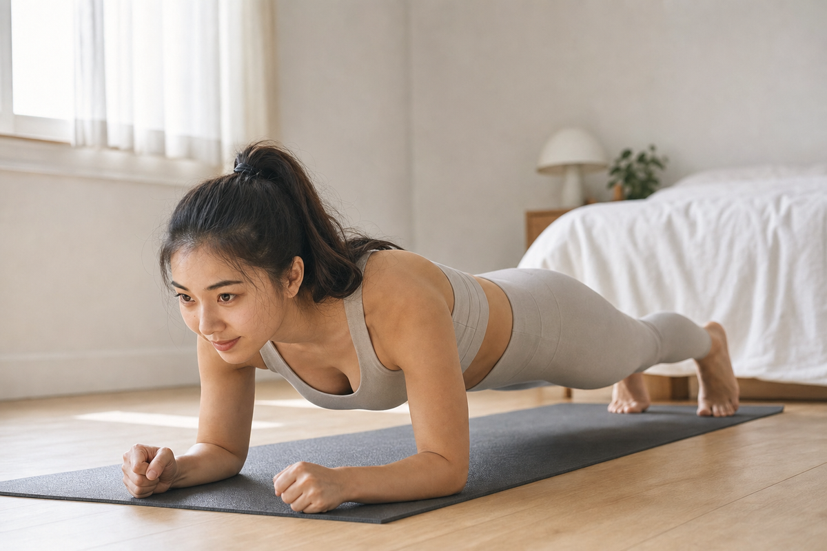 Woman doing a core-strengthening plank exercise at home