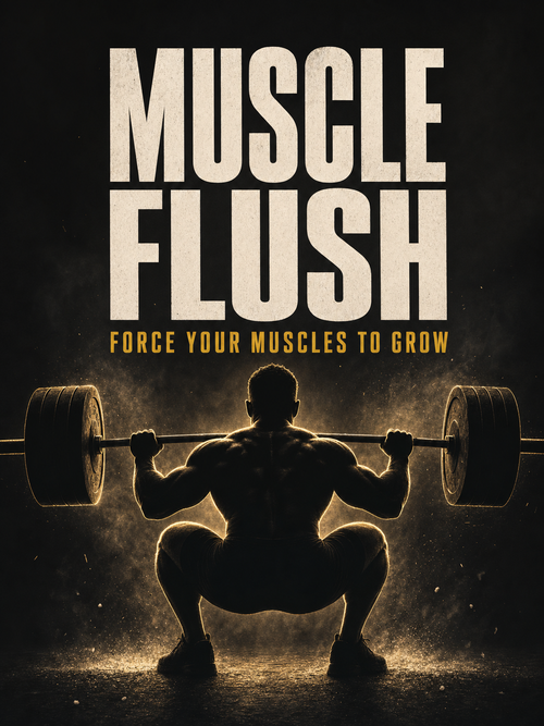 Muscle Flush ebook cover — backlit silhouette mid-squat with bold title text