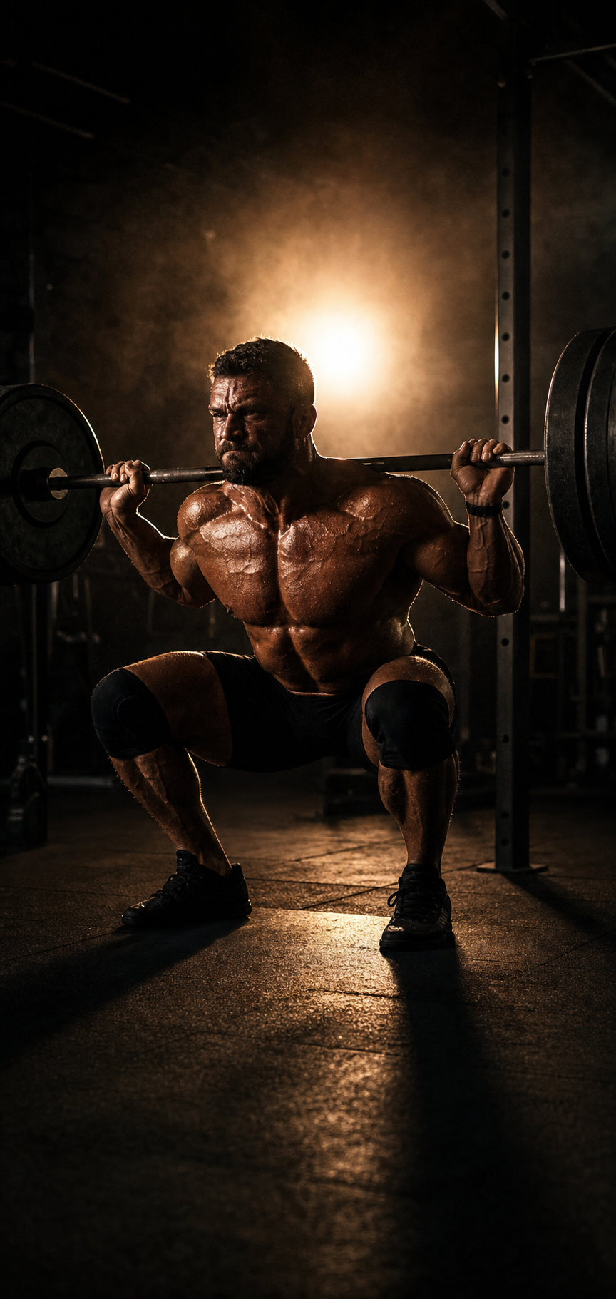 Muscle Flush heavy squat training under dramatic gym lighting