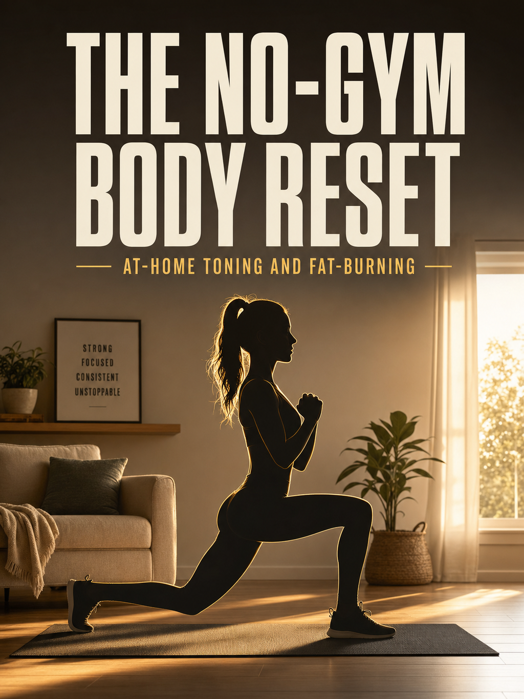 No-Gym Body Reset ebook cover — backlit silhouette lunging at home with bold title text
