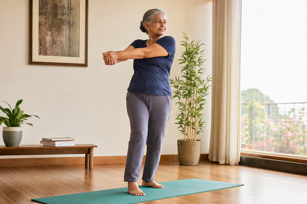 Woman in her 60s doing a gentle standing stretch at home