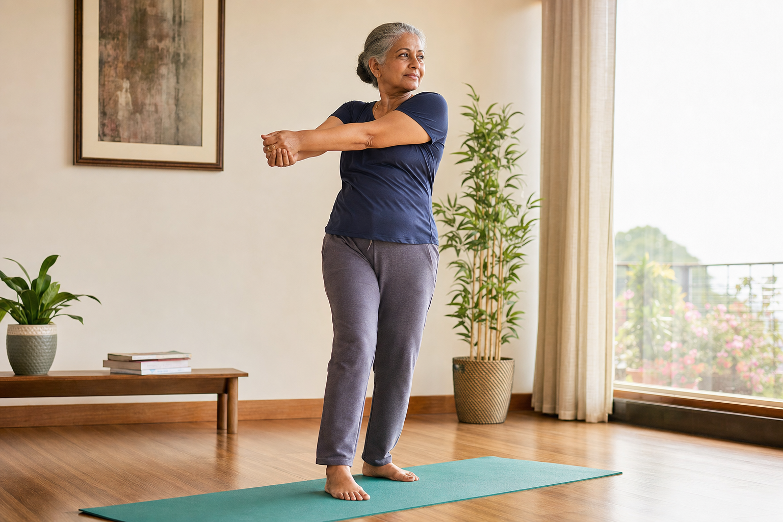 Woman in her 60s doing a gentle standing stretch at home