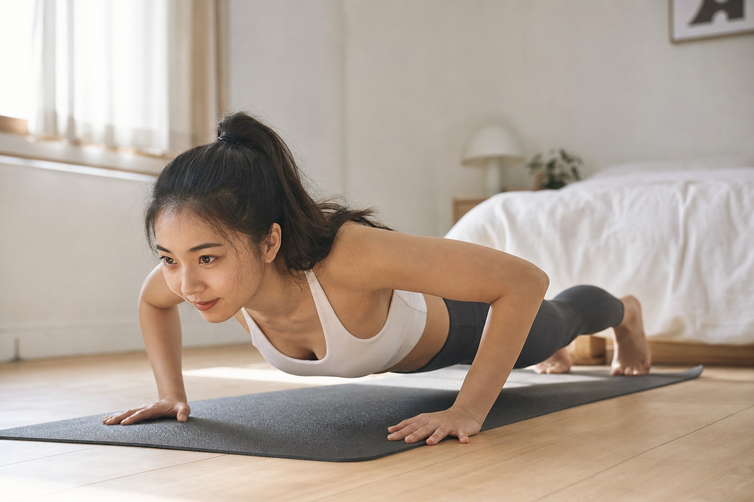 Woman in her 20s doing a push-up at home