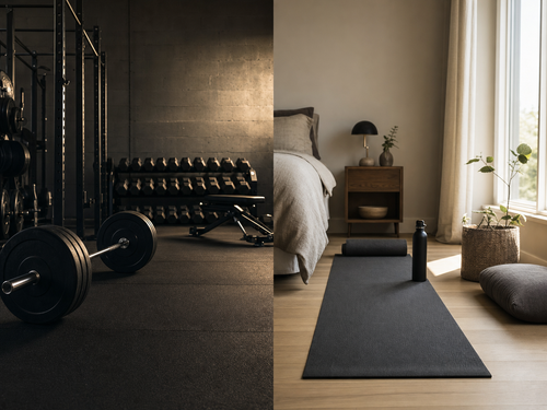 Split image comparing a commercial gym with barbell and dumbbells on the left to a home bedroom workout space with a yoga mat on the right